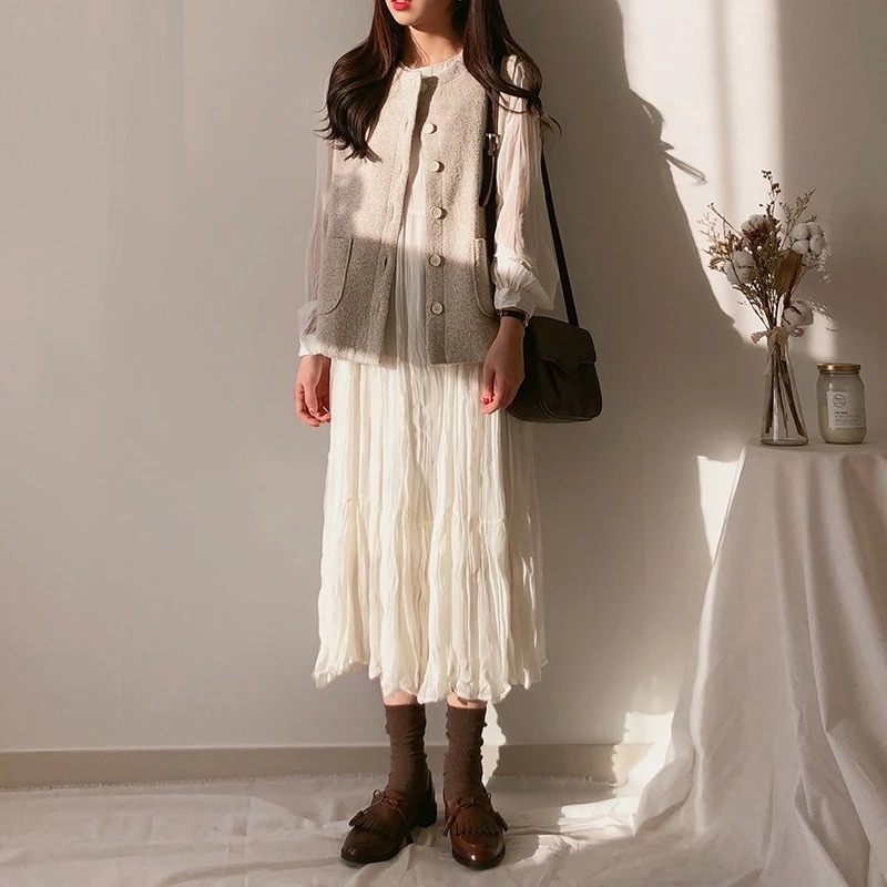 ワンピース レディース シフォン 透け感 クシュクシュ プリーツ 長袖 ティアード ミモレ ロング ノーカラー ゆったり ガーリー 大人可愛い シンプル カジュアル 白 黒 ピンク S M L XL