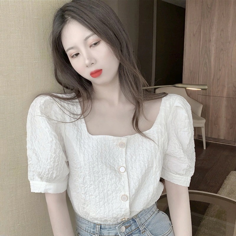 シャツ ブラウス レディース 半袖 パフスリーブ スクエアネック かわいい 大人可愛い きれいめ シンプル ガーリー 無地 春 夏 学生 お出かけ デート オルチャン ホワイト ブルー トップス