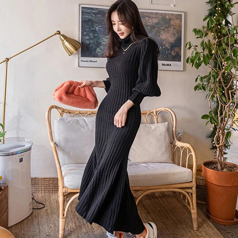 リブニット ワンピース フレアワンピース 膝下 ミモレ ミモレ丈 袖あり 長袖 ボリューム袖 パフスリーブ ハイネック タートルネック フレア スリム タイト 細身 Aライン ベルト ウエストマーク