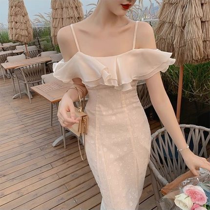 ワンピース レディース ドレス キャミソール ロング丈 フレア 透け感 ドット レース シフォン エレガント 存在感 主役級 二次会 イベント パーティ オルチャン ホワイト S M L コーデ