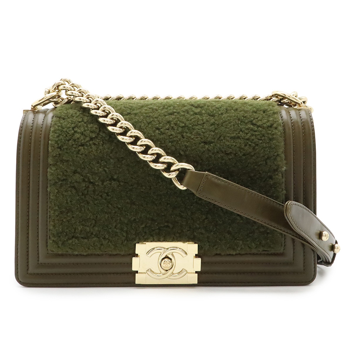 ボーイシャネル ココマーク チェーンショルダー ショルダーバッグ 斜め掛け ボア レザー カーキグリーン ゴールド金具 A6708