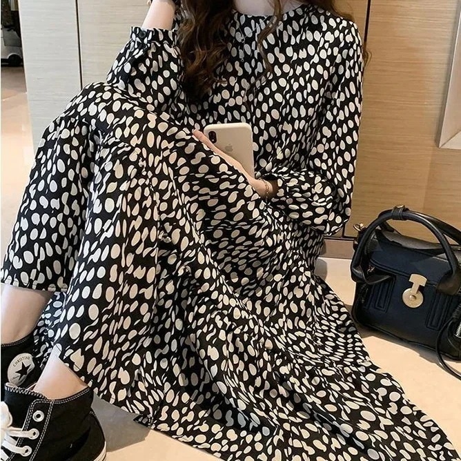 ワンピース ドット柄 シフォンワンピース レディース ロングワンピース 長袖