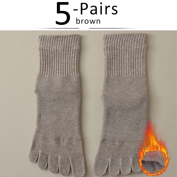 女性用の厚手のつま先の靴下 5本の指の靴下 丈夫な綿 汗を吸収 柔らかく 弾力性があり 通気性があり 暖かく保つ 床 冬 5ペア ブラウン EU35-39