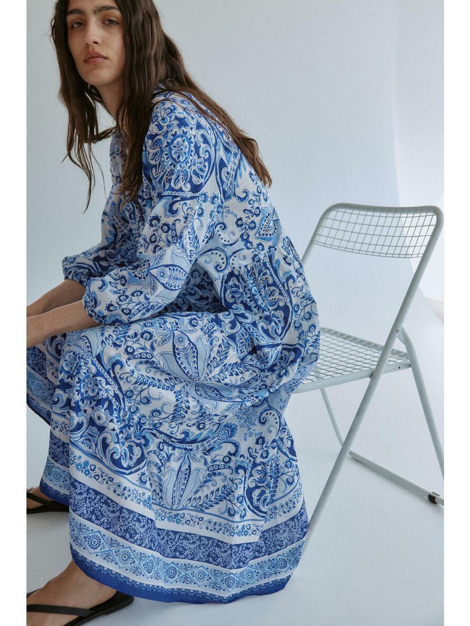 H&M ティアードミディドレスブルーペイズリー柄 1275665013