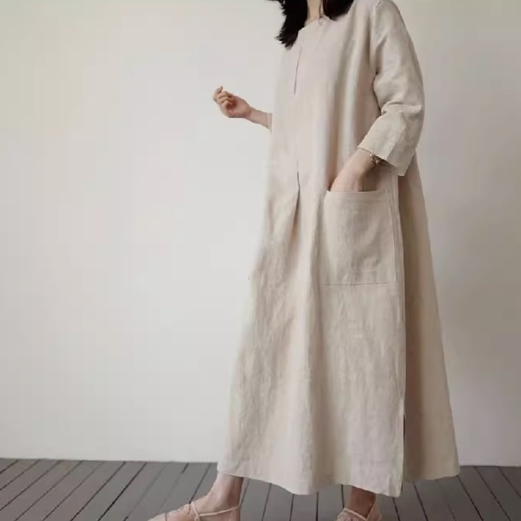 レディース スカート ワンピース プルオーバー ロングスカート ロング 長袖 ワイド オーバーサイズ スリット サイドスリット ポケット リネン かわいい 大人可愛い きれいめ シンプル カジュアル