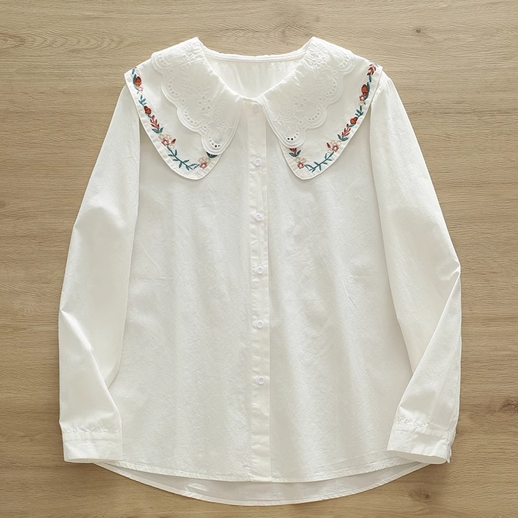 レディース トップス シャツ ブラウス 前開き 長袖 襟付き ダブルカラー レースダブルカラー フェミニン レース ボタン かわいい 大人可愛い きれいめ シンプル カジュアル 上品 おしゃれ レトロ