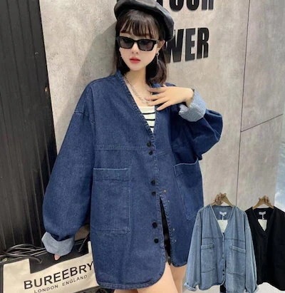 秋 高級感 セミロング ジャケ今週の割引は 25% オフですット シンプル デニムジャケット Vネック個性 ゆったり秋 アウター