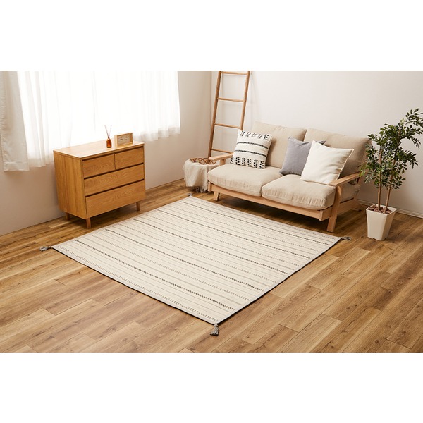 ラグマット 絨毯 約130x185cm ブラック 薄手 洗える 綿100％ ホットカーペット対応 インド綿ラグ リビング ダイニング