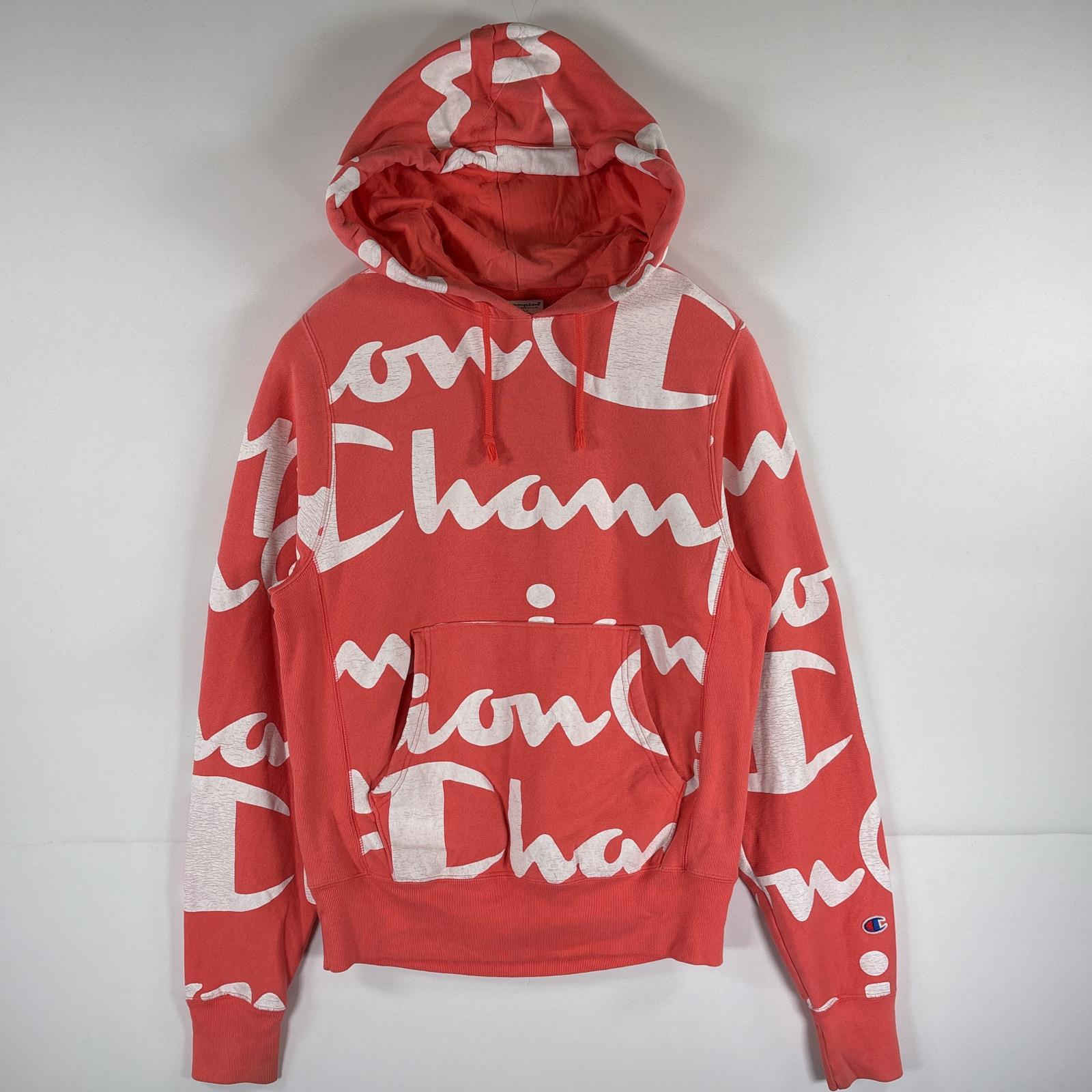 古着 パーカー リバースウィーブ ビッグロゴプリント 総柄 プルオーバー S ピンク系 メンズ