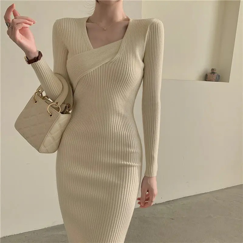 リコット-非対称ネックニットドレス,アシンメトリー,長袖,ハイウエスト,女性用,秋 - AliExpress 200000345
