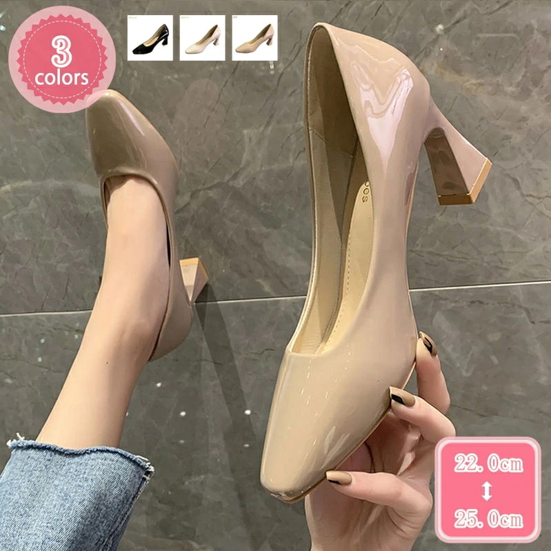 500円OFFクーポン 7cm太ヒール 美脚 スクエアトゥパンプス レディース チャンキーヒール 痛くない 低反発 シンプル ハイヒール パンプス 秋 冬 エナメル調 無地 上品 きれいめ ハイヒール