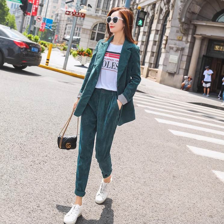 アウター ジャケット パンツ ボトムス スーツ セットアップ レディース テーパードパンツ スラックス アンクル丈 長袖 Vネック 襟付き ストリート ウエストマーク ポケット コーデュロイ カジュア