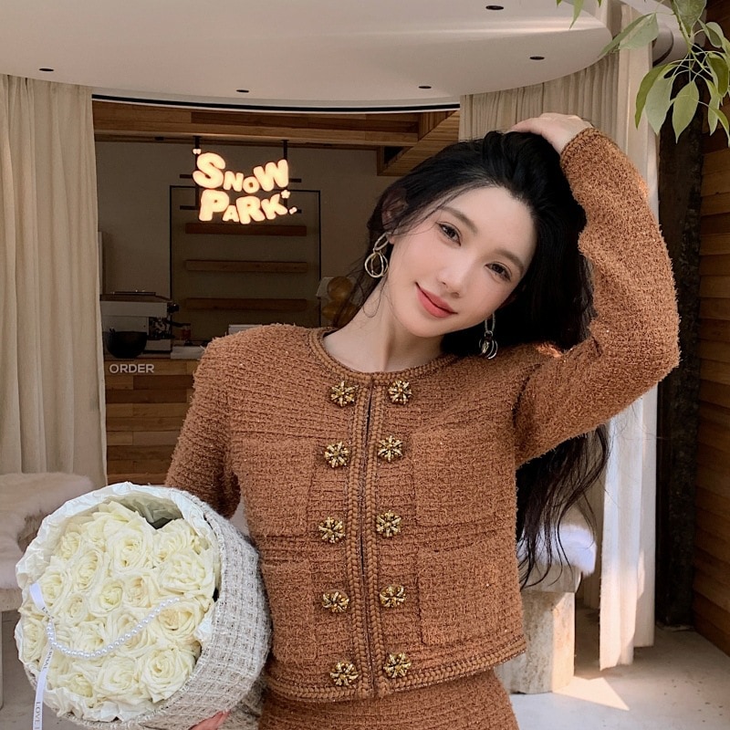 ワッフルニットジャケットトップ弾性ハイウエストスカートショートスカートスモールフレグラントスタイルスーツ2ピースセット22222222 [タグ] Xueyuanfeng br