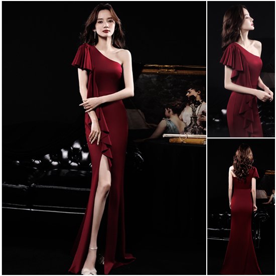 【取寄：納期2週間】結婚式ドレス 大きいサイズ XL 2XL パーティードレス マキシ丈 フィッシュテール ロングスカート きれいめ エレガント フォーマル お呼ばれ セレモニー 半袖 ワンショルダー