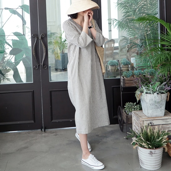 【取寄：納期2週間】ワンピース レディース 大きいサイズ ストライプ 夏 コットン ミドル丈 ミドル丈 ワンピース