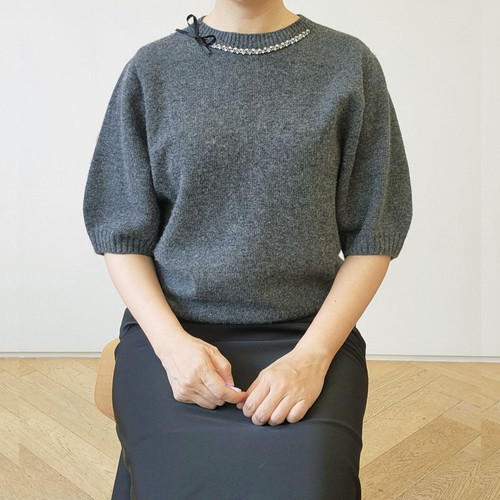 レディース 半袖 ホールガーメント カシミヤ セミクロップ デイリー パフスリーブ ニット