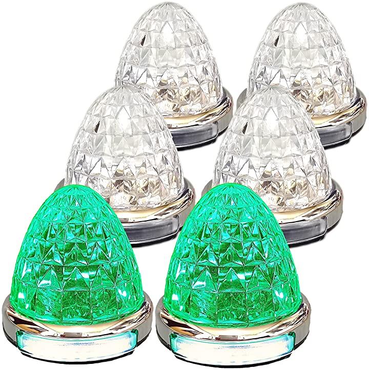 カスタマイズ 12V 24V トラック用 LED マーカーランプ 路肩灯機能付 サイド メッキリング 5面クリスタルカット仕様 22LED 汎用(グリーン, 6個セット)