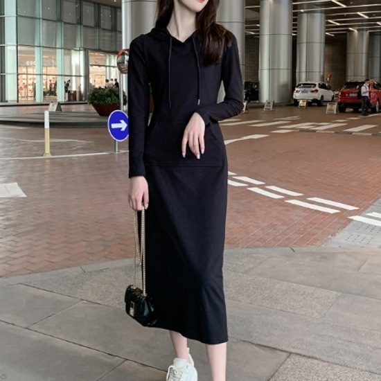 ワンピース レディース フード付き 長袖 ミドル丈 お出かけ ショッピング 買い物 可愛い シンプル スカート ルーズウエスト ブラック 黒 10代 20代 30代 ML XL ミディアム 大人カジュ