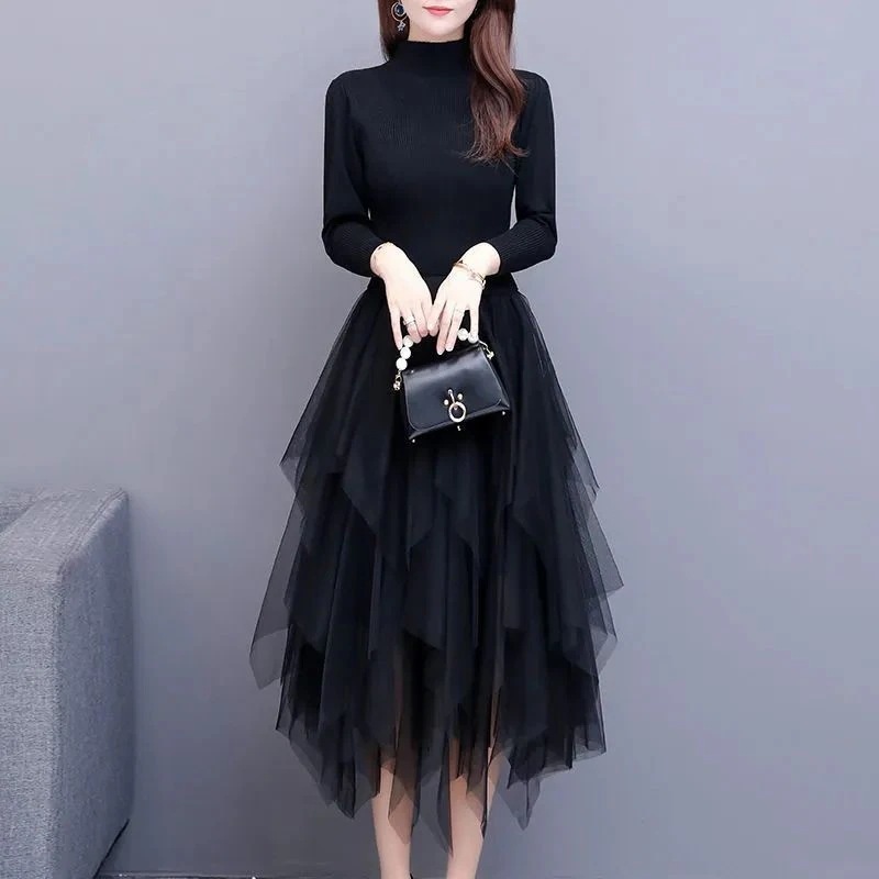 ニットワンピース 2025 レディース春秋風フェイクツーピース着痩せスプライシングメッシュロングスカート
