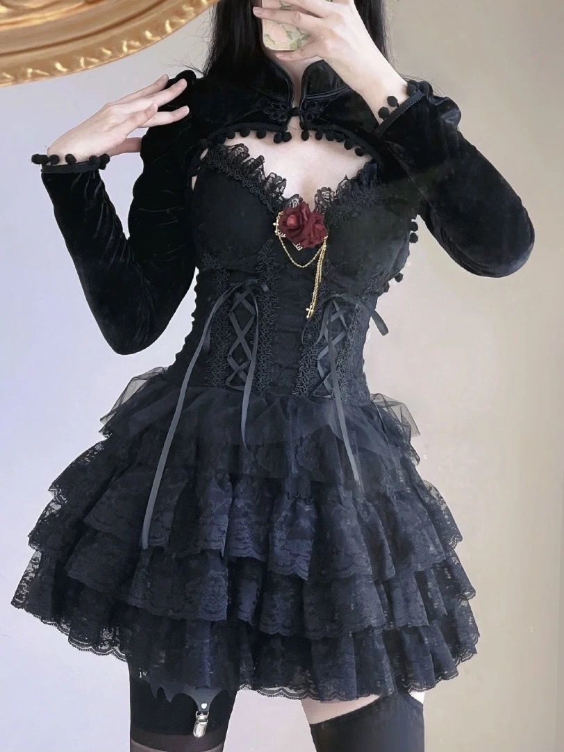 ダークゴシックハロウィンコスムセクシーキャミソール胸パッド+ウエストプリンセスチュチュスカートバースデースカート