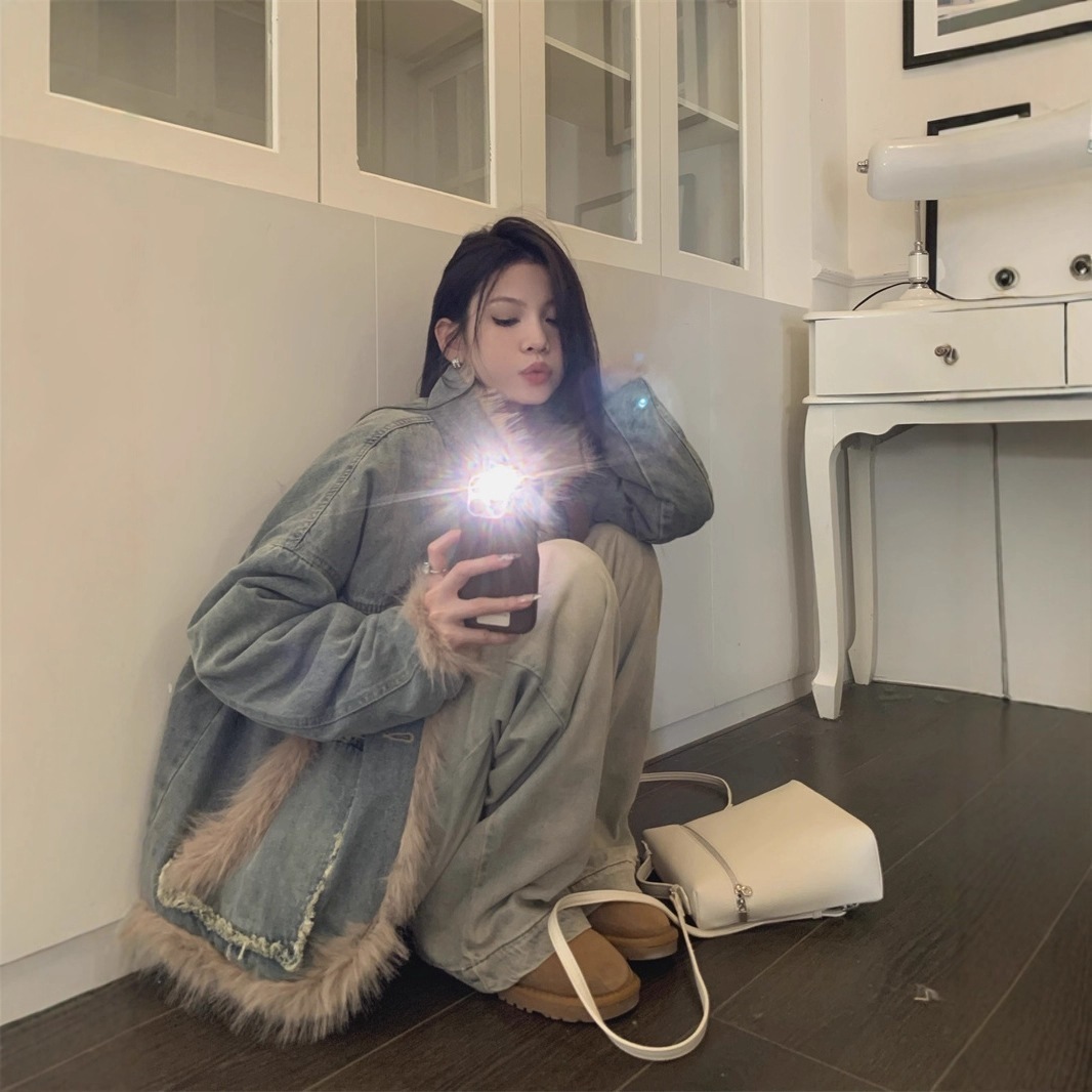 レディースファー拼接デニムアウター 秋冬通勤用デニム中綿ジャケット フェイクファー