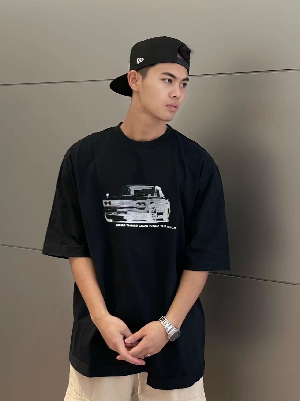 G24SST112翌日発送メンズ2024新作Tシャツカットソー丸首アメカジins風レトロ半袖トップスデザイン高級感英字ストリート大人オーバーサイズ可愛い抜け感ユニセックスブラッククルーネック