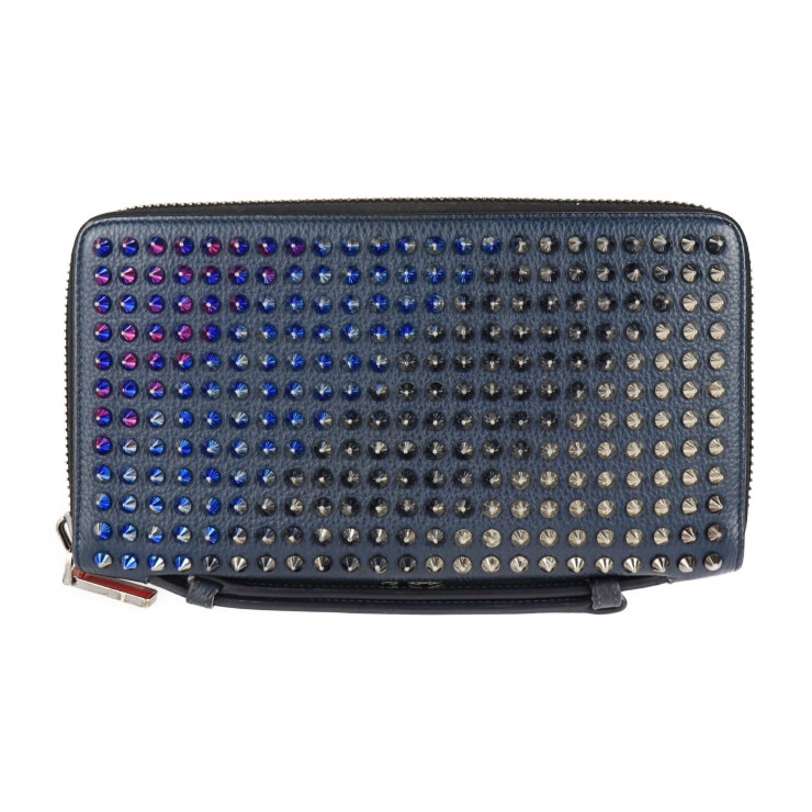 美品 Christian Louboutin クリスチャンルブタン 長財布 3175209 パネトーネ ウォレットXL レザー ネイビー マルチカラー スパイクスタッズ ラウンドファスナー クラッチ