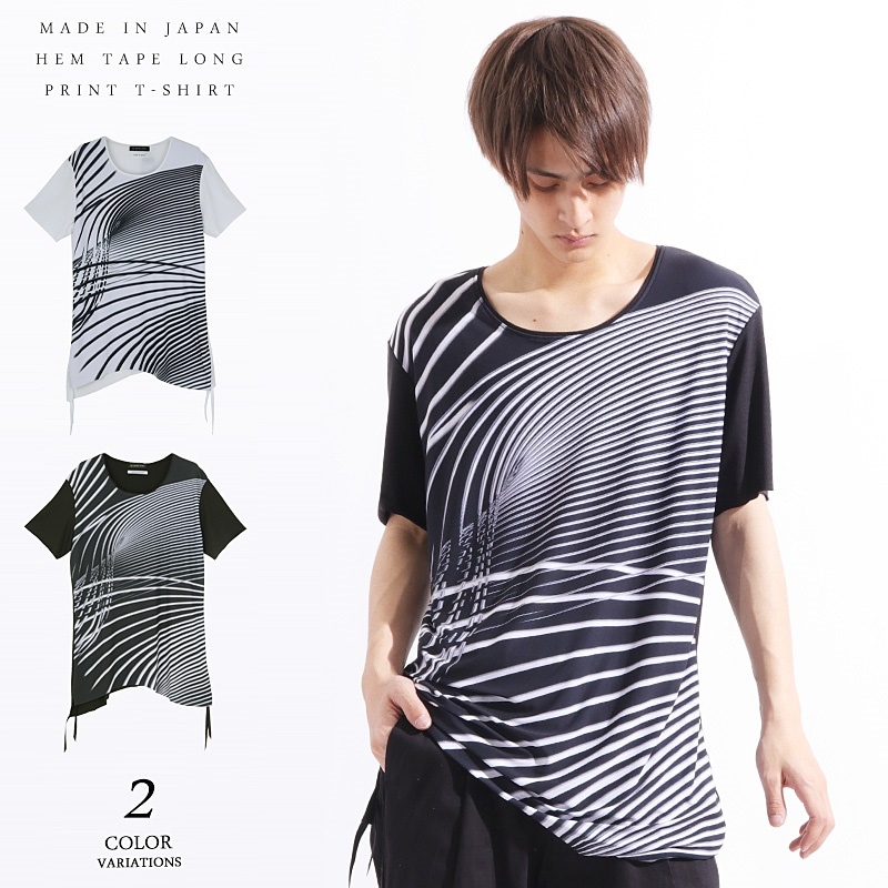 送料無料AS SUPER SONIC日本製 裾テープ使いロング丈プリントＴシャツ[a-426117]ストレッチ カットソー 丈長 クルーネック ロング ビッグ ワイド ロングＴシャツ 国産 無