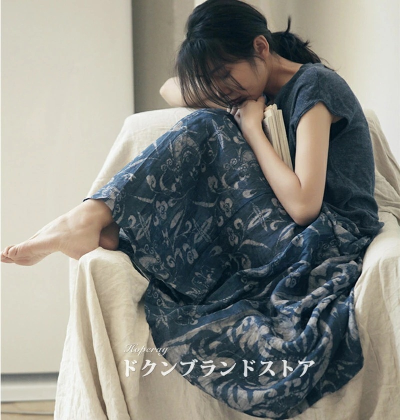 [迅速な配達]苧麻 ラミー リネン プリーツスカート 絞り染め フレア スカート ロング ミモレ丈 春 夏 綿麻混 花 カジュアル ゆったり ナチュラル 森ガール 体型カバー ウェストゴム aライン