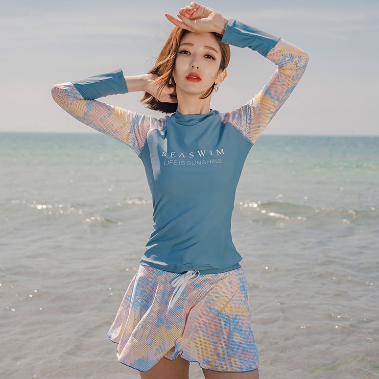 スイムウェア ラッシュガード スカパン セパレート パッド付き 体系カバー 二の腕カバー 長袖 伸縮性 日焼け防止 紫外線対策 上下セット 大人可愛い シンプル カジュアル ナチュラル おしゃれ