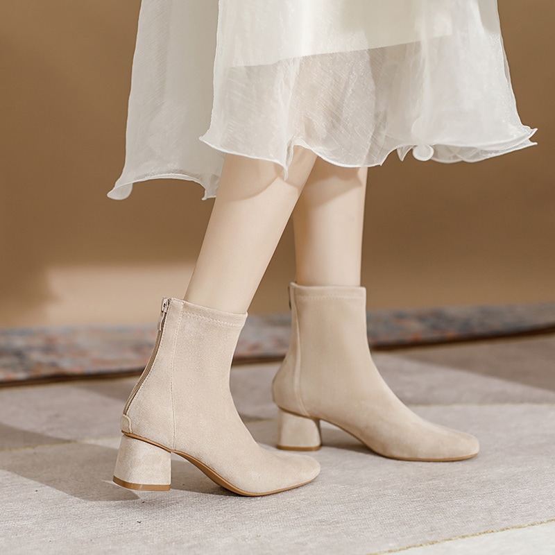 レディース ブーツ 5cm チャンキーヒール 美脚 脚長 スエード かわいい 大人可愛い きれいめ シンプル カジュアル 上品 おしゃれ エレガント ラブリー キュート ガーリー スタイリッシュ 無地