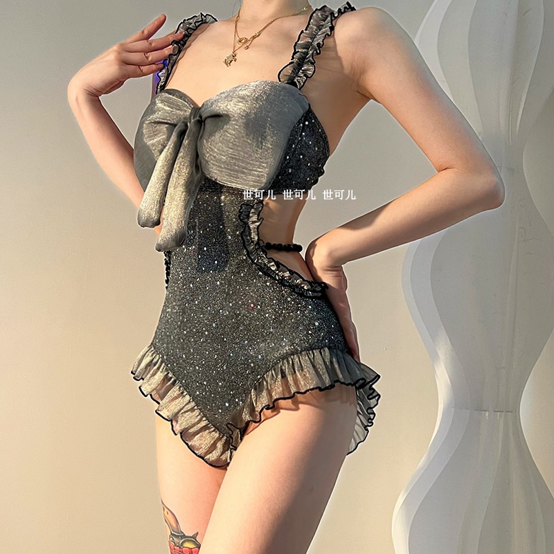 shi Keer グリッターガール リボン 巨乳 ギャザー スクエアアングル ウエスト ワンピース 水着 レディース 夏 温泉 ビーチ