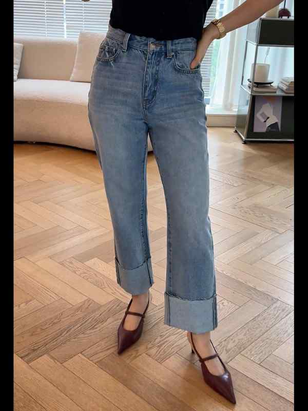 レディース ファッション オシャレ カワイイ シンプル 人カワイイ きいサイズ ズボン ブルー ロー エッジ ジーンズ ハイウエスト ナロー ストレート パンツ 薄手 カジュアル
