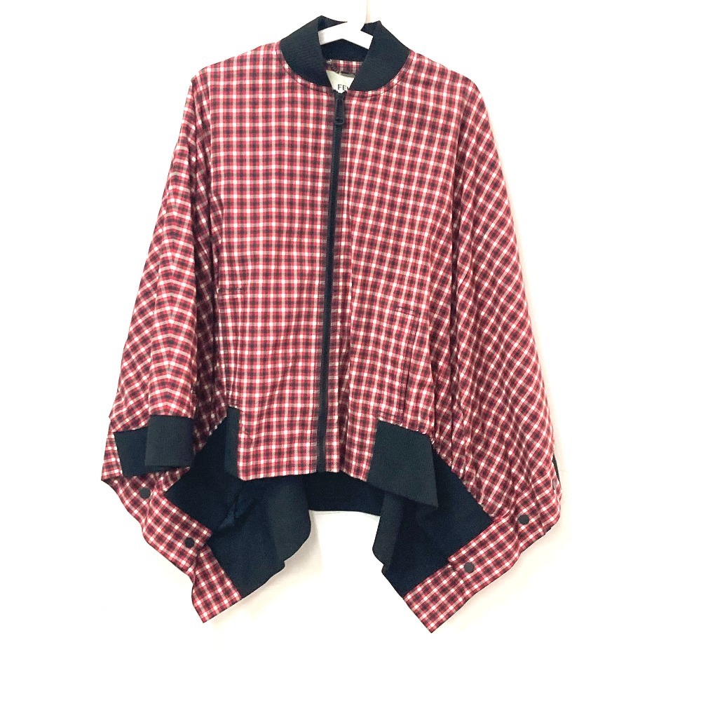 ジャケット FJ6898 チェック ロゴ ポンチョ アパレル 長袖 アウター ジャンバー ポリエステル レッド