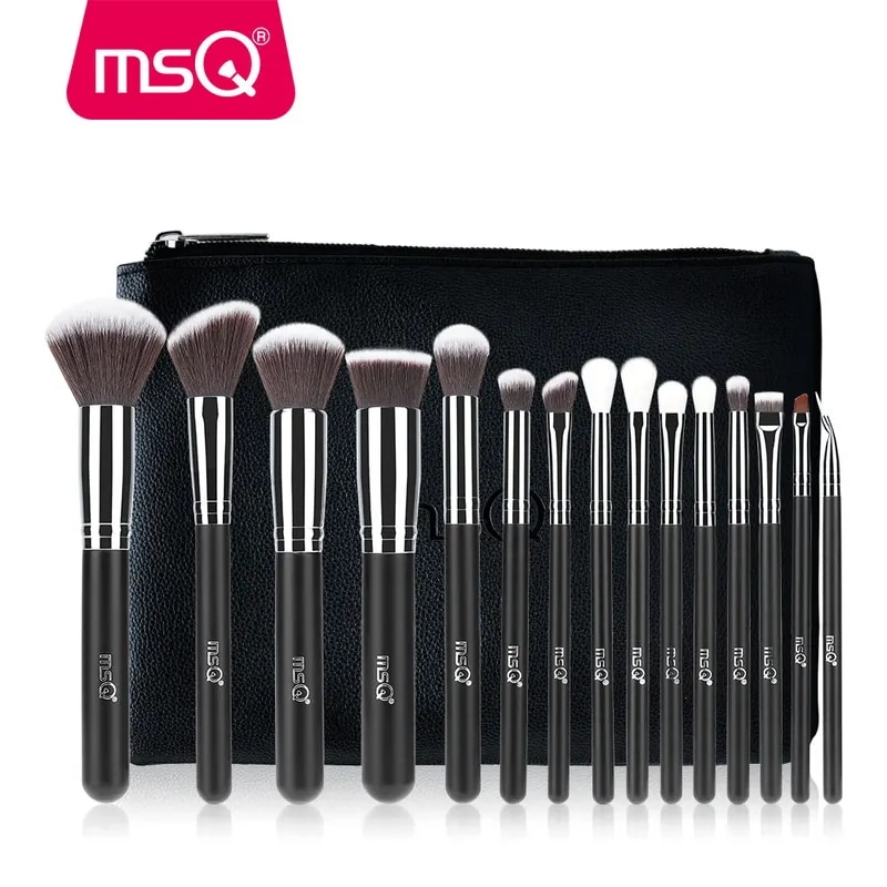 Msq-プロのメイクブラシ,15個,ファンデーション,シャドウブラシ,化粧品キット,合成皮革ケース