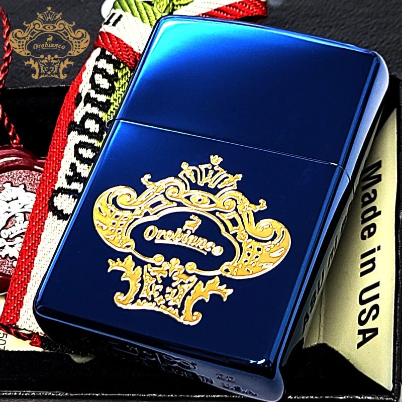ZIPPO Orobinco 青金 オロビアンコ イオンブルー＆ゴールド ロゴ ブランド ジッポ ライター かっこいい イタリア 金差し シンプル メンズ ミラノ ギフト プレゼント