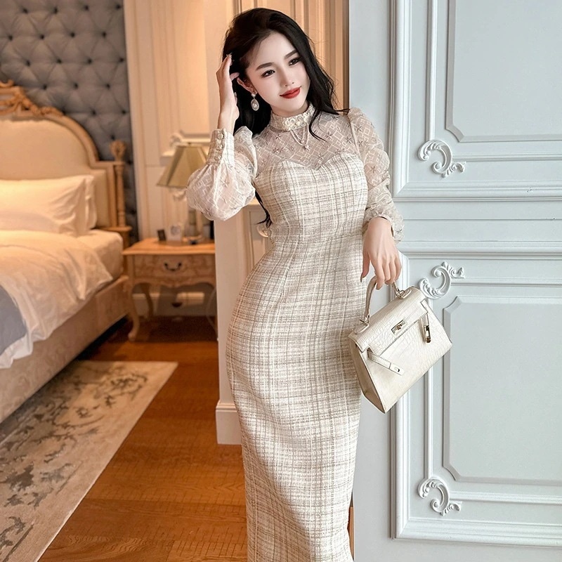 気質改善チャイナロングスカート 2024 新しい女性のエレガントな気質スリムウールチェック柄ドレス 20762