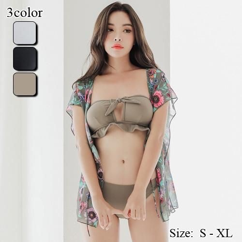 【グラシア】 水着 セット水着 レディース ビーチウェア スイムウェア 流行 海 プール ウエストライン ガーリー チュニック風 フリル リボン 鮮やか バンドゥ ビキニ 自然 ホワイト ブラック カ