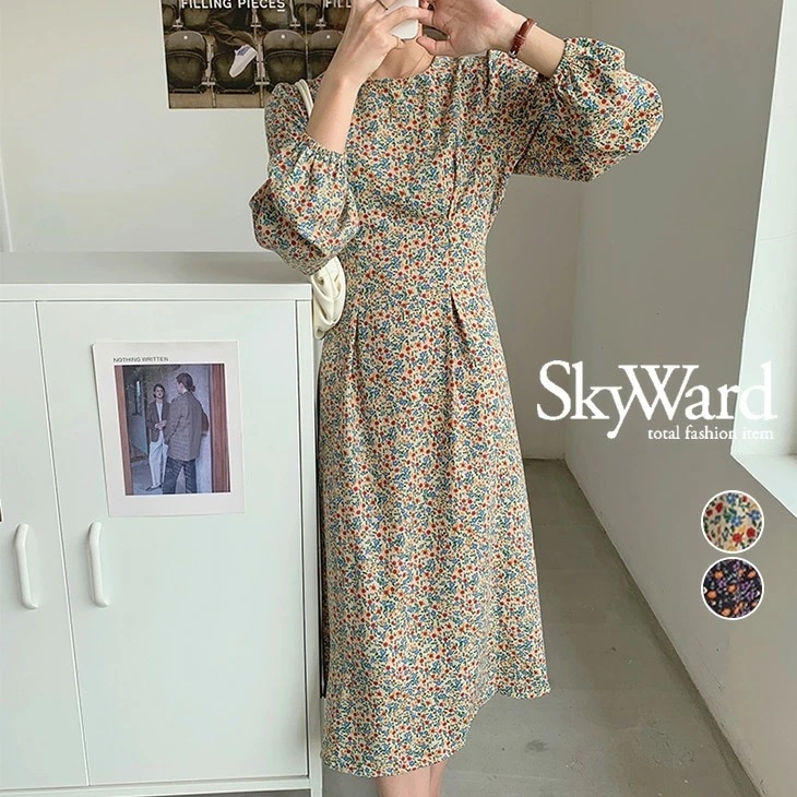 【2025新作 急速出荷】花柄 ワンピース バルーン ふんわりスリーブ ワンピ 長袖 ロング マキシ ワンピ ゆったり 大きめ 長め丈 無地 かっこいい フェミニン きれいめ 春 秋 冬 レディース