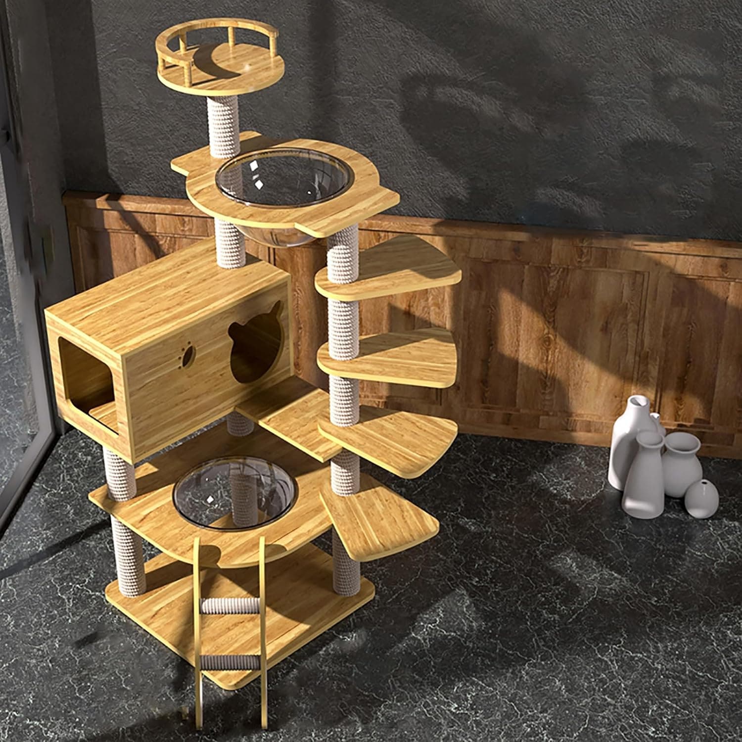 [高品質]キャットタワー 透明宇宙船 猫ハウス 爪研ぎ 組み立て簡単 爪とぎボール 猫ベッド 大型 木目調 多頭飼い 据え置き型 爪とぎ 猫タワー 爪研ぎ 高さ135cm ストレス解消 安定感 かわい