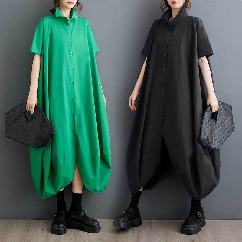 「ファットガール」 2024夏新品 大きいサイズ シャツワンピース 体型カバー ドッキング レディース 半袖 ロングワンピース メガ割30%までに制限
