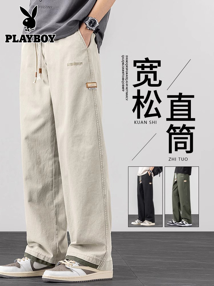 純綿カジュアルパンツ 夏用 薄手 ルーズフィット ストレート スポーツワークパンツ メンズ