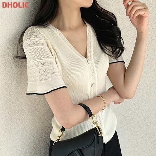 [メガ割りSALE]配色パンチングフレア半袖ボタンニット