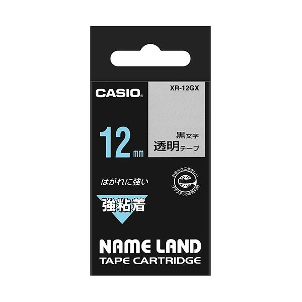 （まとめ） カシオ CASIO ネームランド NAME LAND 強粘着テープ 12mm×5.5m 透明／黒文字 XR-12GX 1個 (×5セット)
