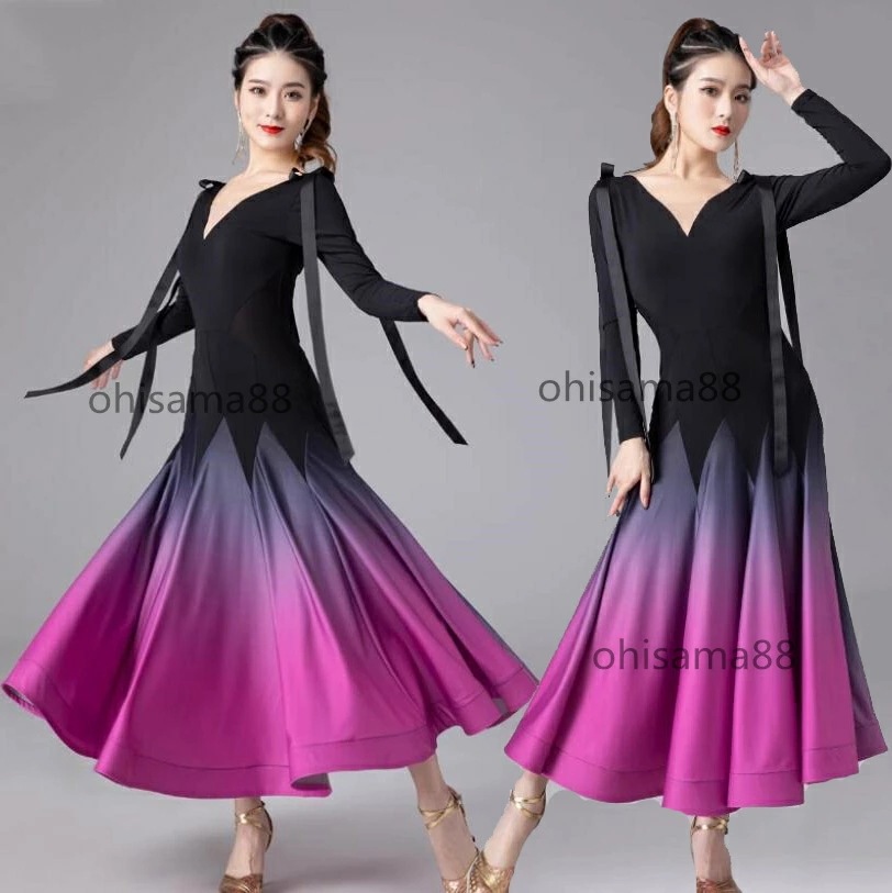 モダンダンス衣装 上品 高級感 レディース ワンピース 長袖 社交ダンス ダンスウェア 衣装 演出 モダン ワルツ スタンダード ドレス モダンドレス 競技会 きれいめ おしゃれ ラテンダンス レッス