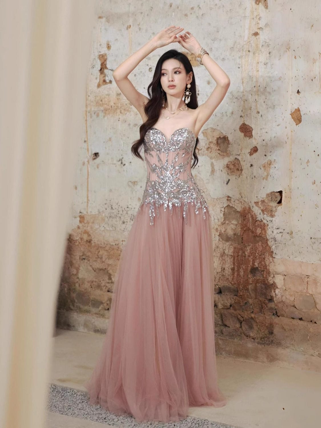 ギャラクシーミストピンクスパンコールセクシーなセクシーなストラップブロッサムドレススーパーフローメッシュハイスリットドレスドレスワンピースドレスドレス