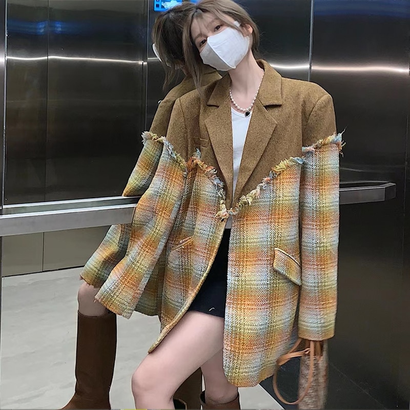 チェック柄 パッチワークジャケット チェック柄ジャケット フリンジ ジャケット スーツ襟 レディース
