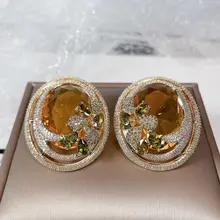 SENYU 高級ビッグエッグ CZ スタッドピアス超大型卵形石ドバイパーティージュエリー絶妙なインディアンブライダルイヤリング女性のための