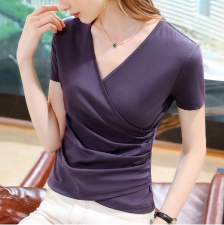 トップス Tシャツ カットソー 袖あり 半袖 Vネック ハイエンド 高級感 ヘムプリーツ クロス 綿 コットン シルク 絹 かわいい 大人可愛い シンプル カジュアル 上品 おしゃれ お洒落