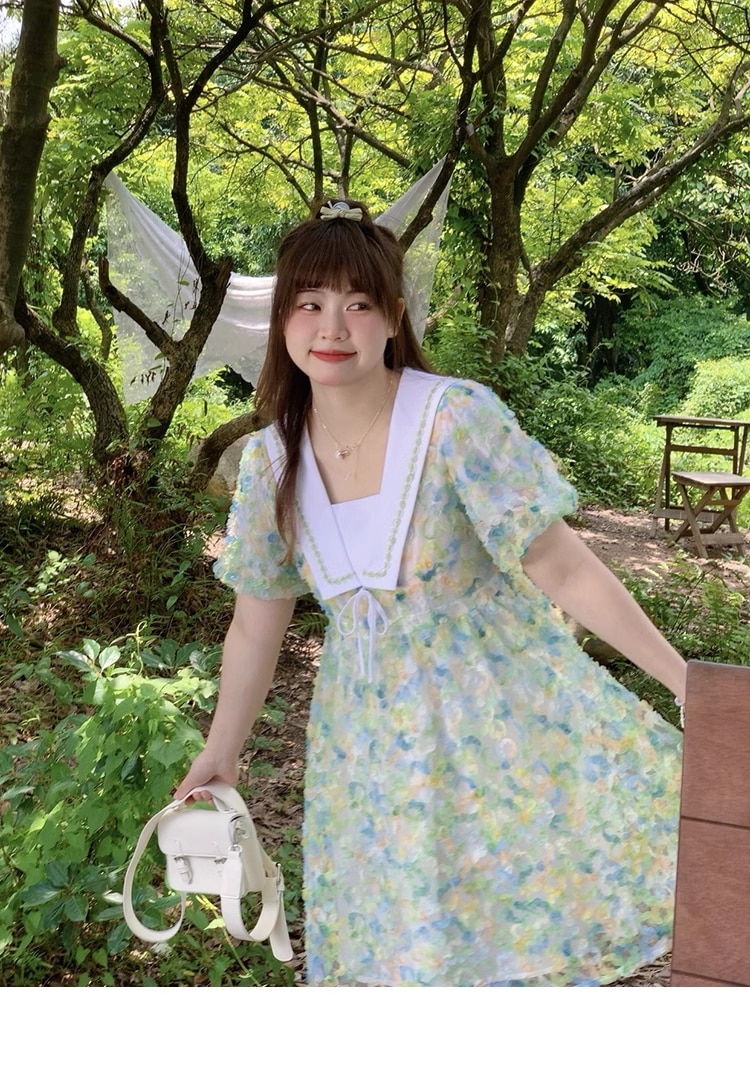 花柄 ドレス 大きいサイズ デザイン 個性的 ワンピース ミニ ミニ丈 ショート ショート丈 袖あり 半袖 襟付き かわいい おしゃれ お洒落 ラブリー キュート ガーリー 柄 春 夏 10代 20代